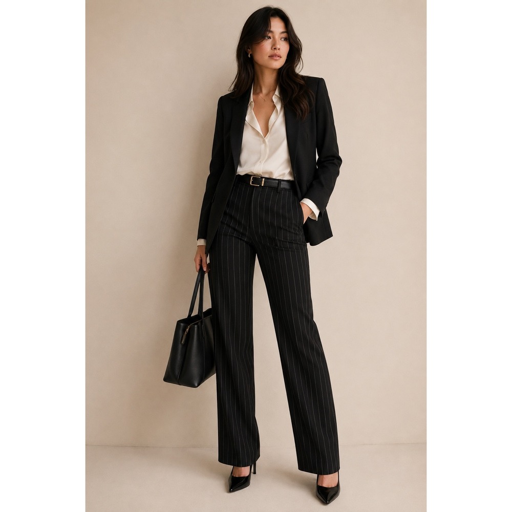 LOFT Marisa Trouser Women 4 Black Pinstripe Straight Leg Stretch Dress Pants